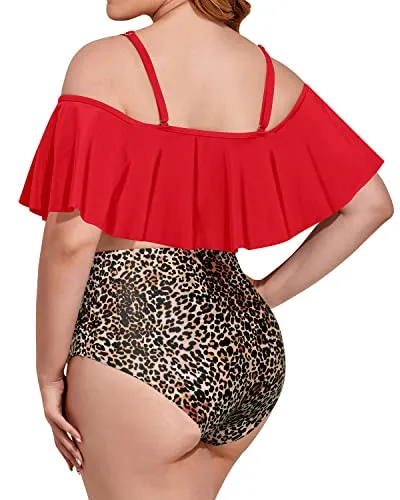 Stylish Off Shoulder Plus Size Tummy Control Bikini Set-Red And Leopard