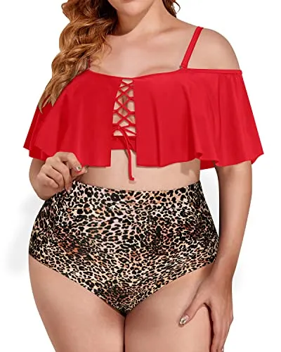 Stylish Off Shoulder Plus Size Tummy Control Bikini Set-Red And Leopard