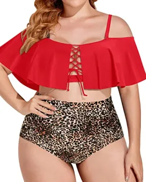 Stylish Off Shoulder Plus Size Tummy Control Bikini Set-Red And Leopard