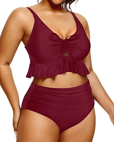 Stylish Ruched High Waisted Bikini Set For Plus Size Women-Maroon