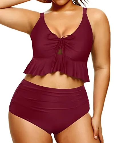 Stylish Ruched High Waisted Bikini Set For Plus Size Women-Maroon