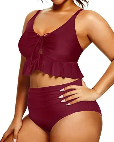 Stylish Ruched High Waisted Bikini Set For Plus Size Women-Maroon