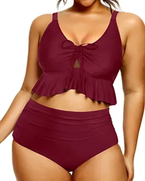 Stylish Ruched High Waisted Bikini Set For Plus Size Women-Maroon