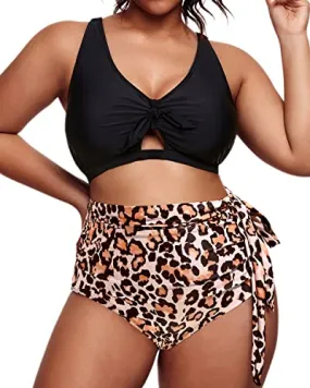 Tie-Knot Two Piece Plus Size Bikini Swimsuit-Black And Leopard