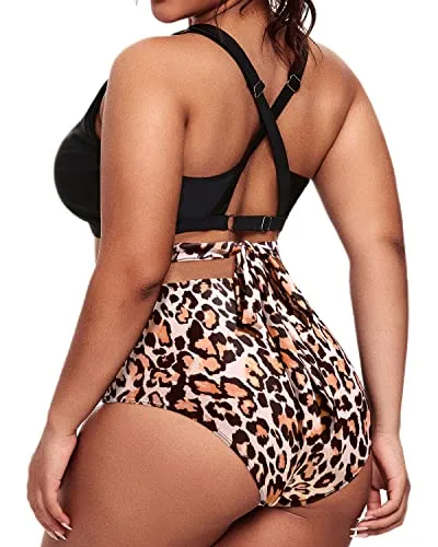 Tie-Knot Two Piece Plus Size Bikini Swimsuit-Black And Leopard