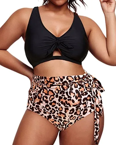 Tie-Knot Two Piece Plus Size Bikini Swimsuit-Black And Leopard
