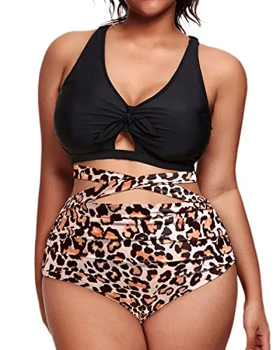 Tie-Knot Two Piece Plus Size Bikini Swimsuit-Black And Leopard