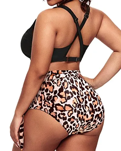 Tie-Knot Two Piece Plus Size Bikini Swimsuit-Black And Leopard