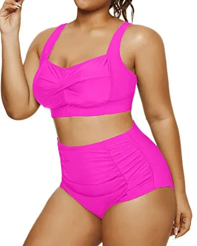 Twisted Front High Waisted Swimwear For Plus Size Women-Neon Pink