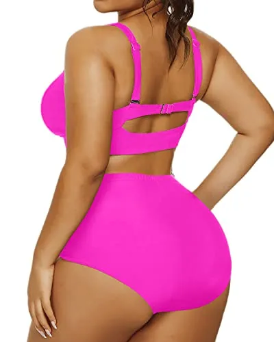 Twisted Front High Waisted Swimwear For Plus Size Women-Neon Pink