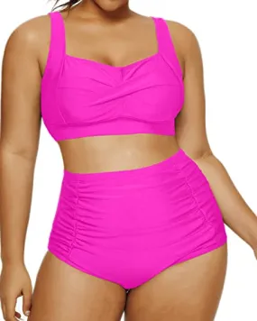 Twisted Front High Waisted Swimwear For Plus Size Women-Neon Pink