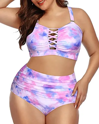 Two Piece Lace Up Front Ruched Bikini For Plus Size Women-Color Tie Dye