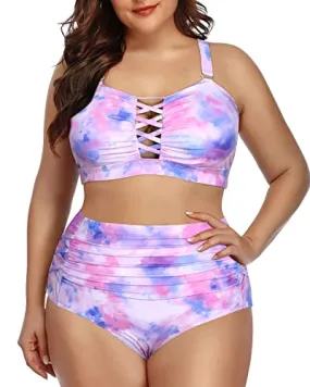 Two Piece Lace Up Front Ruched Bikini For Plus Size Women-Color Tie Dye