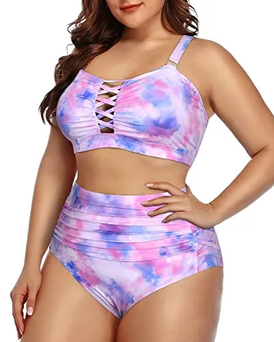 Two Piece Lace Up Front Ruched Bikini For Plus Size Women-Color Tie Dye
