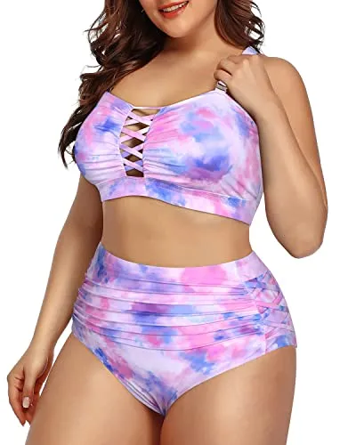 Two Piece Lace Up Front Ruched Bikini For Plus Size Women-Color Tie Dye