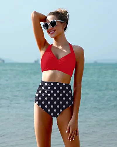 Two Piece Sweetheart Neckline High Waisted Bikini Set-Red Dot