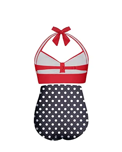 Two Piece Sweetheart Neckline High Waisted Bikini Set-Red Dot