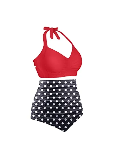 Two Piece Sweetheart Neckline High Waisted Bikini Set-Red Dot