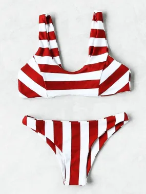 Two Tone Striped Print Bikini Set