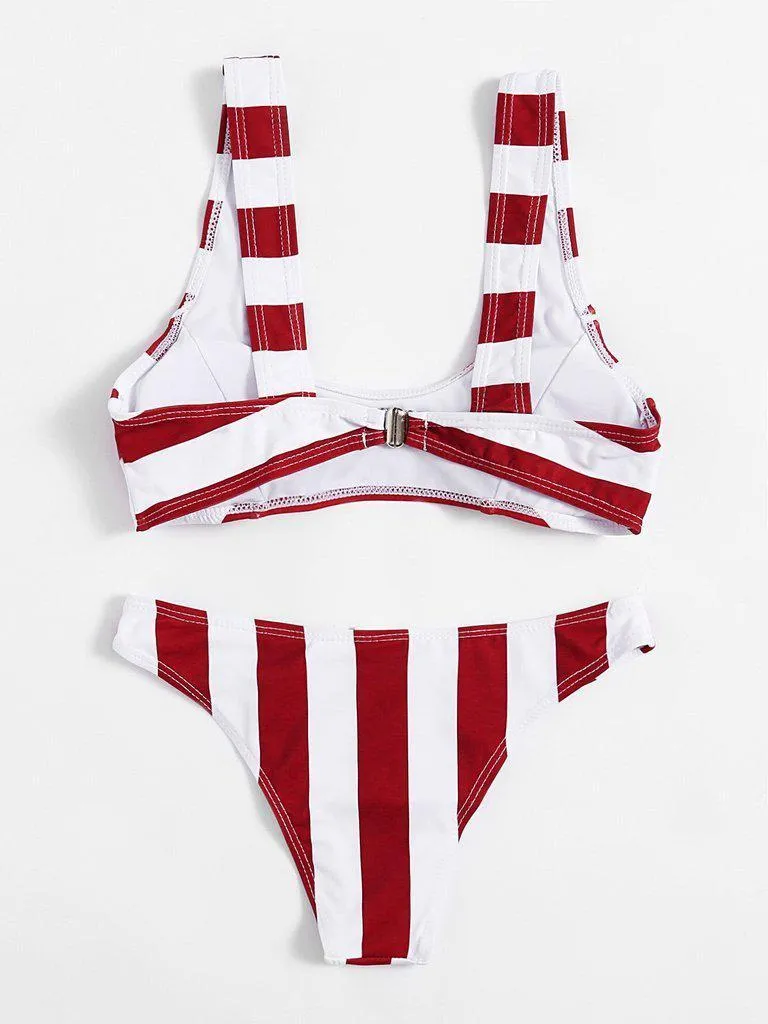 Two Tone Striped Print Bikini Set
