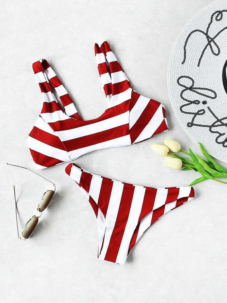 Two Tone Striped Print Bikini Set
