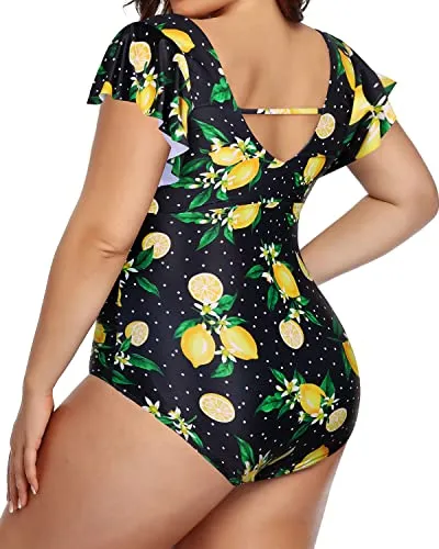 V-Neck Bathing Suits Ruffles Plus Size Swimsuits For Women-Lemon