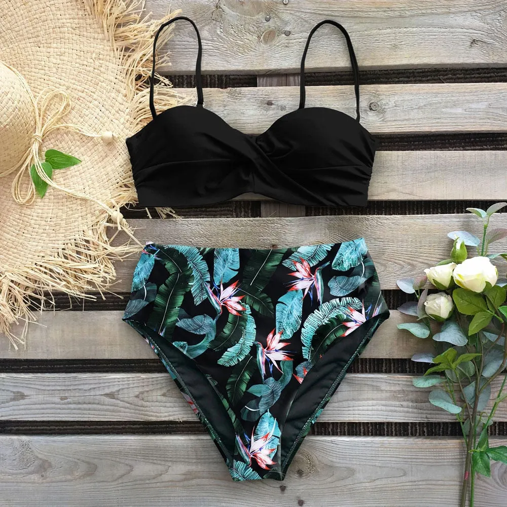 Wenkouban Sexy Leaf Print Bikini Female Swimsuit Women Swimwear Thong Push Up Bikinis Set High Waist Swimming Suits for Bathing Suit
