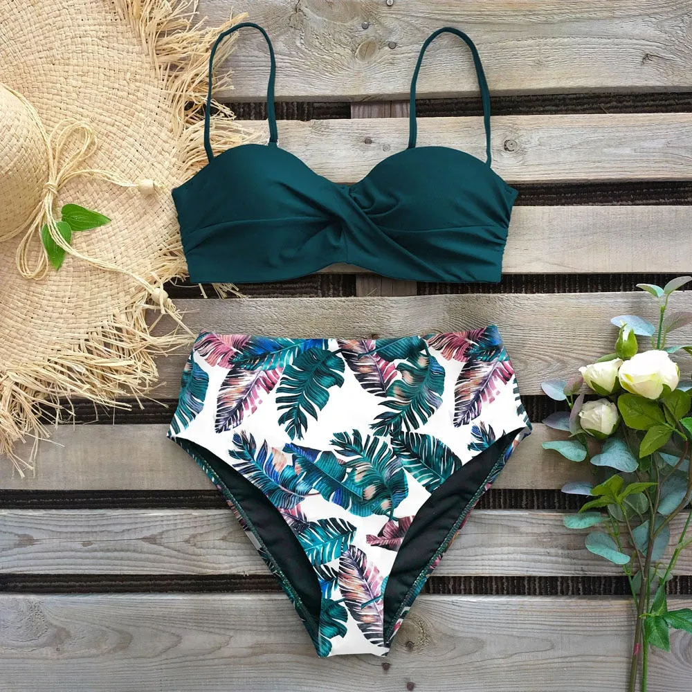 Wenkouban Sexy Leaf Print Bikini Female Swimsuit Women Swimwear Thong Push Up Bikinis Set High Waist Swimming Suits for Bathing Suit