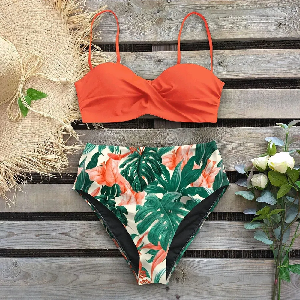Wenkouban Sexy Leaf Print Bikini Female Swimsuit Women Swimwear Thong Push Up Bikinis Set High Waist Swimming Suits for Bathing Suit