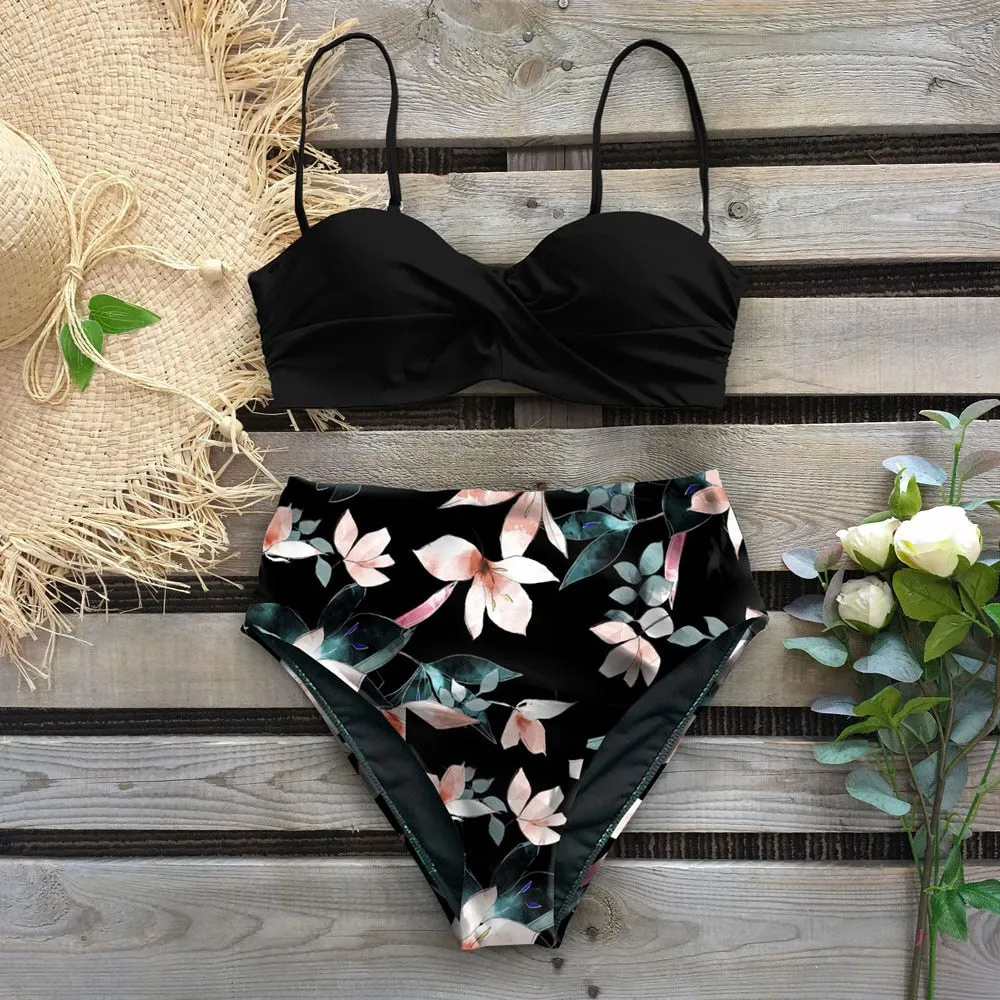 Wenkouban Sexy Leaf Print Bikini Female Swimsuit Women Swimwear Thong Push Up Bikinis Set High Waist Swimming Suits for Bathing Suit