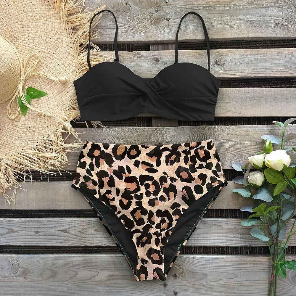 Wenkouban Sexy Leaf Print Bikini Female Swimsuit Women Swimwear Thong Push Up Bikinis Set High Waist Swimming Suits for Bathing Suit