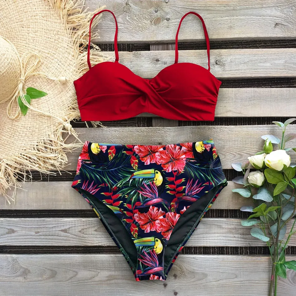 Wenkouban Sexy Leaf Print Bikini Female Swimsuit Women Swimwear Thong Push Up Bikinis Set High Waist Swimming Suits for Bathing Suit