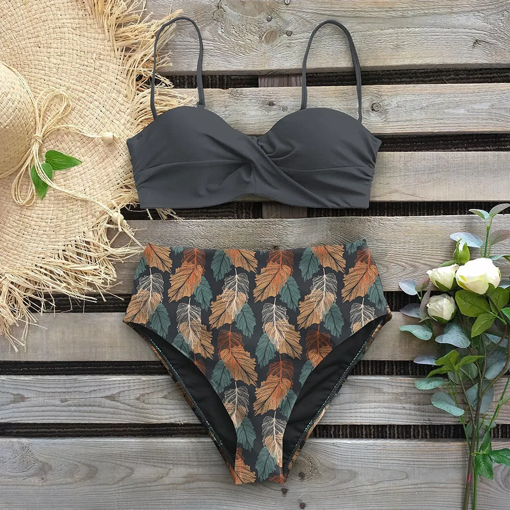 Wenkouban Sexy Leaf Print Bikini Female Swimsuit Women Swimwear Thong Push Up Bikinis Set High Waist Swimming Suits for Bathing Suit