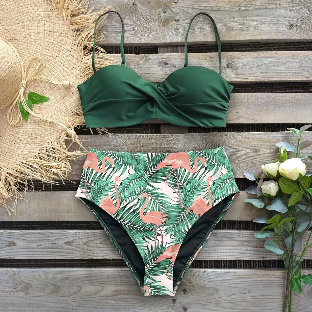 Wenkouban Sexy Leaf Print Bikini Female Swimsuit Women Swimwear Thong Push Up Bikinis Set High Waist Swimming Suits for Bathing Suit