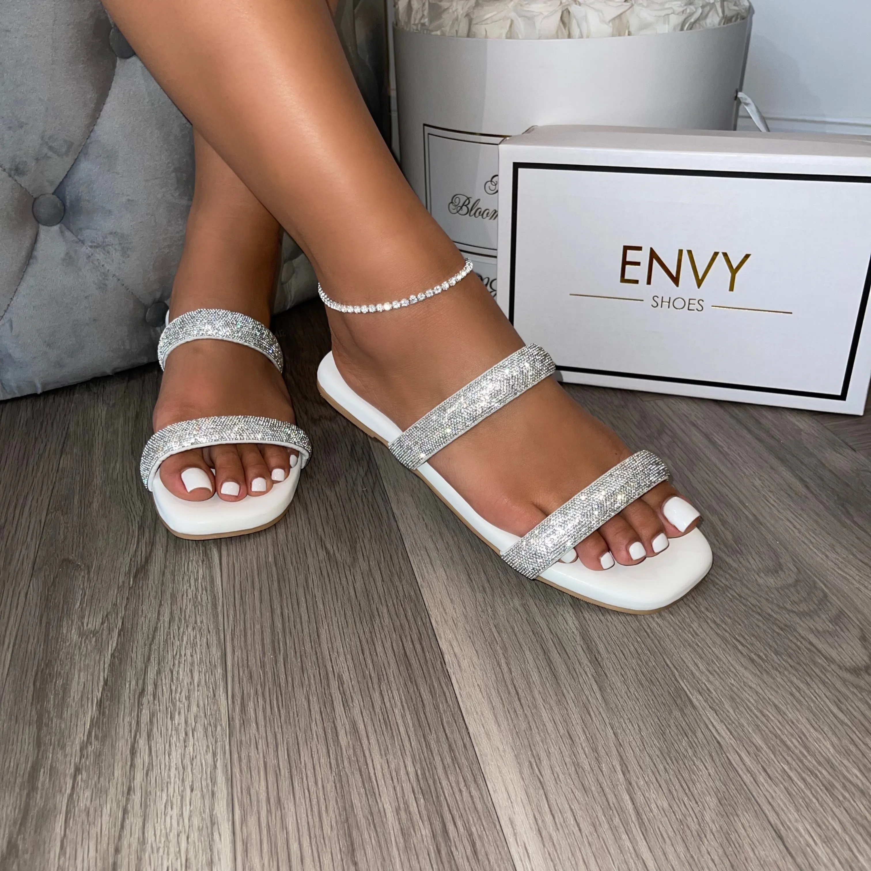 WHITNEY WHITE DIAMANTE SLIDERS