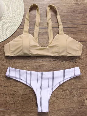 Wholesale Apricot Scoop Neck Sleeveless Stripe Bikinis