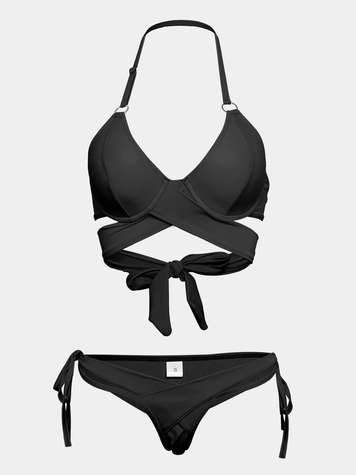 Wholesale Black V-Neck Sleeveless Crossed Front Lace-Up Tie-Up Bodycon Two Piece Bikinis