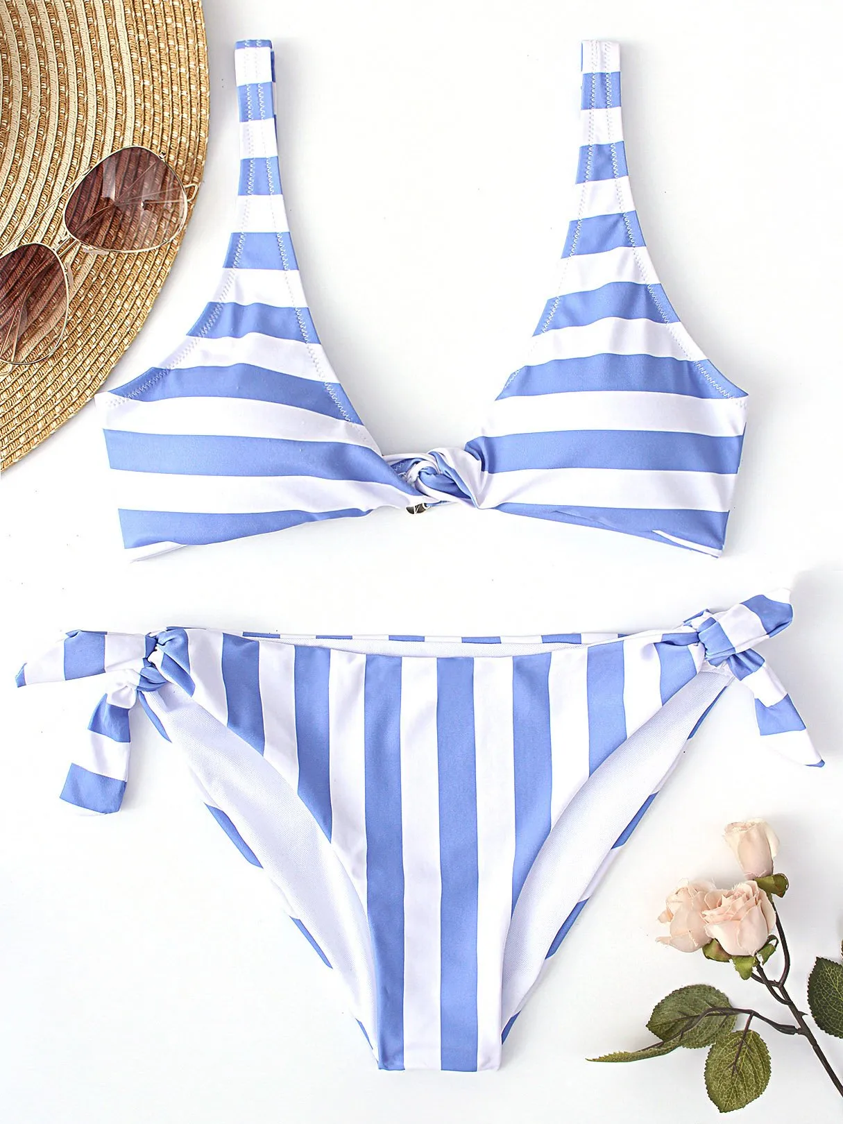 Wholesale Blue Sleeveless Stripe Spaghetti Strap Self-Tie Two Piece Bikinis