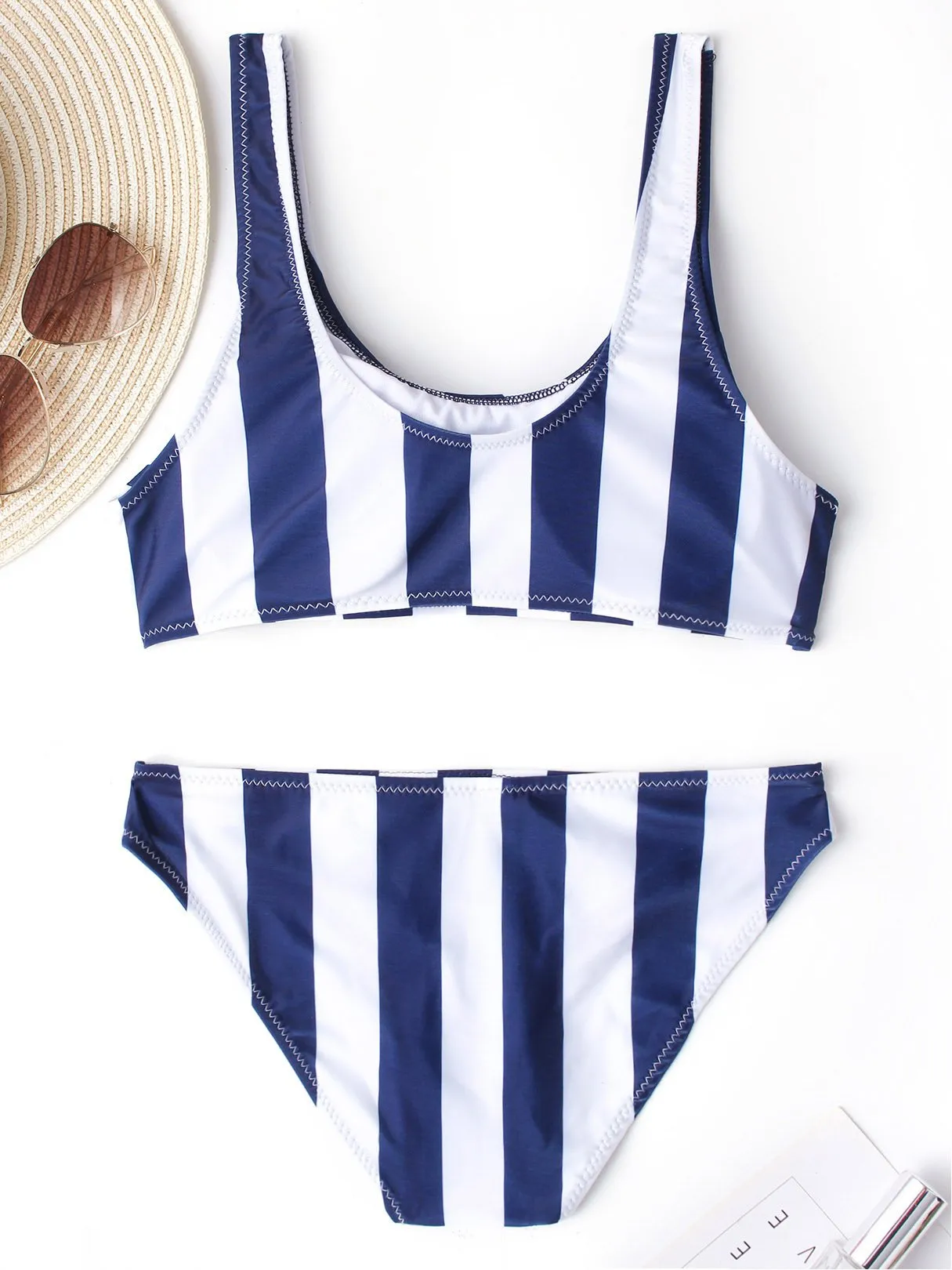 Wholesale Blue Sleeveless Stripe Spaghetti Strap Two Piece Bikinis