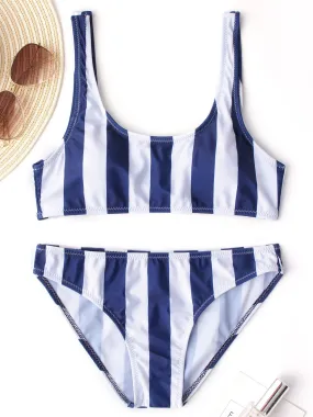 Wholesale Blue Sleeveless Stripe Spaghetti Strap Two Piece Bikinis