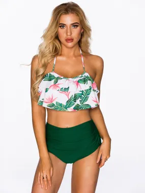 Wholesale Halter Sleeveless Lace-Up Tie-Up Flounced Hem High Waist 2 Piece Bikinis