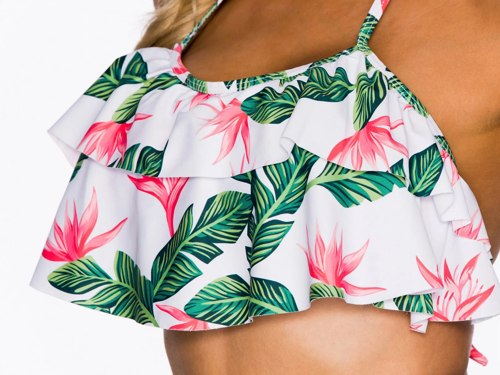 Wholesale Halter Sleeveless Lace-Up Tie-Up Flounced Hem High Waist 2 Piece Bikinis