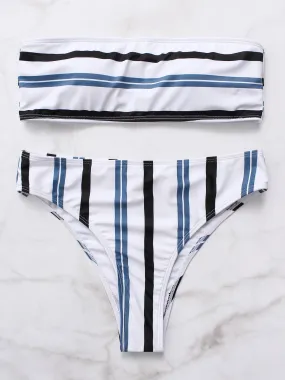 Wholesale Off The Shoulder Stripe Sleeveless White High Waist 2 Piece Bikinis