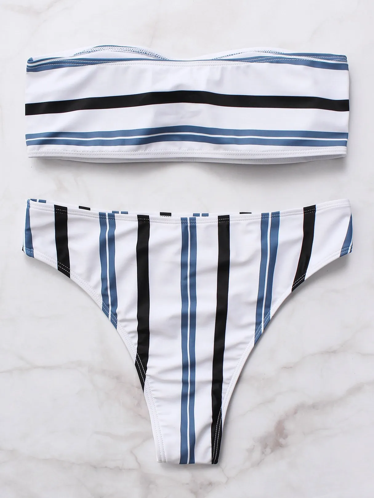 Wholesale Off The Shoulder Stripe Sleeveless White High Waist 2 Piece Bikinis