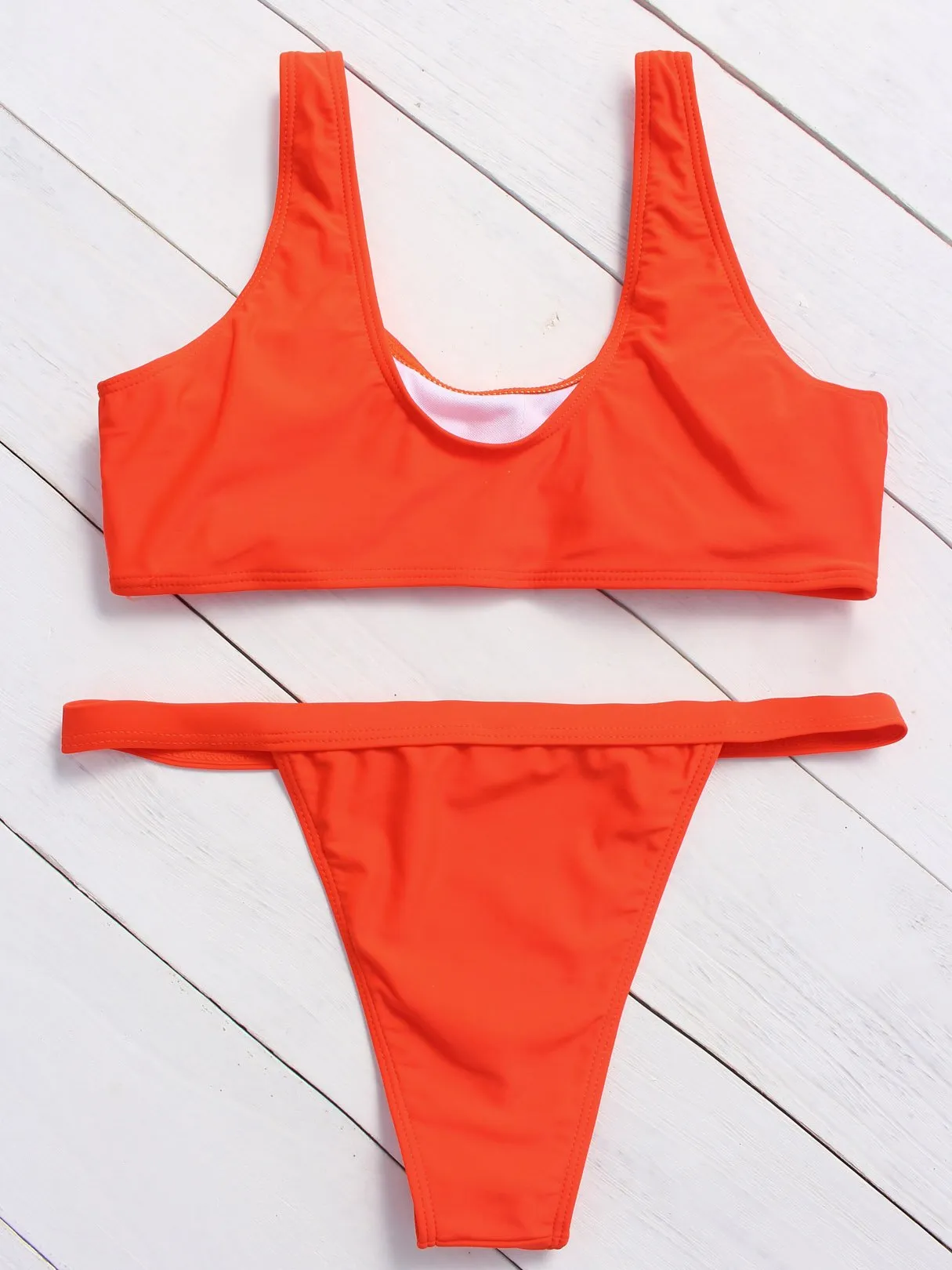 Wholesale Orange Scoop Neck Sleeveless Plain Lace-Up High Waist 2 Piece Bikinis