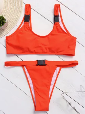 Wholesale Orange Scoop Neck Sleeveless Plain Lace-Up High Waist 2 Piece Bikinis