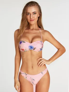 Wholesale Pink Tube Top Strapless Sleeveless Floral Print Backless Two Piece Bikinis