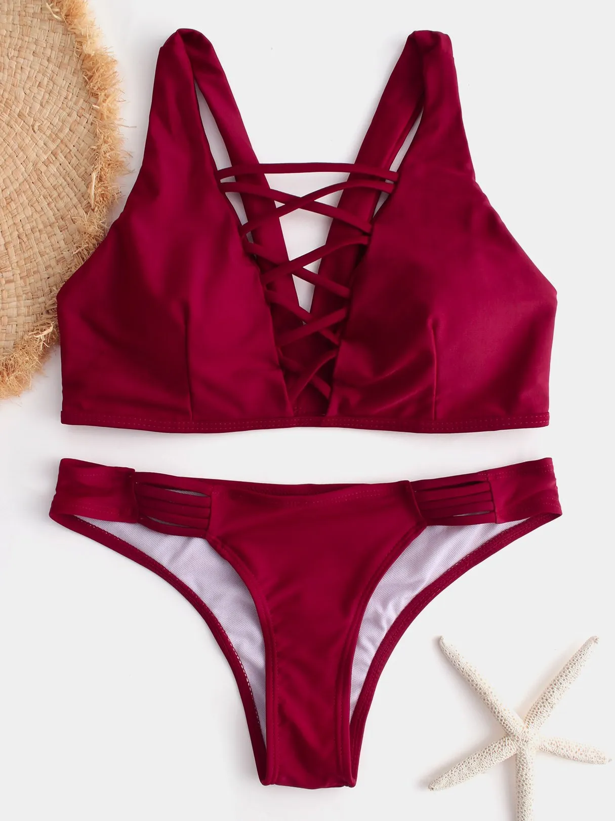 Wholesale Red V-Neck Sleeveless Backless Criss-Cross Bikinis