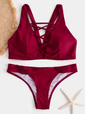 Wholesale Red V-Neck Sleeveless Backless Criss-Cross Bikinis