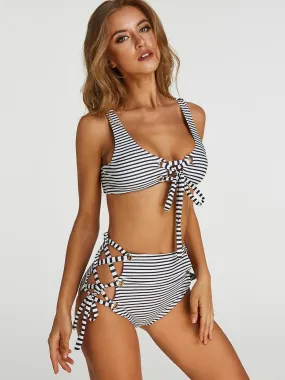 Wholesale Scoop Neck Sleeveless Stripe High Waist 2 Piece Bikinis